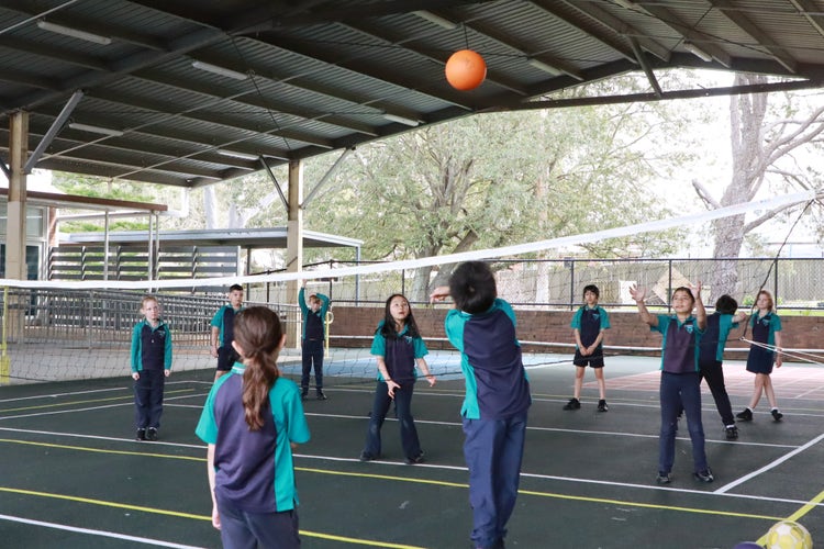 Students playing volleyball